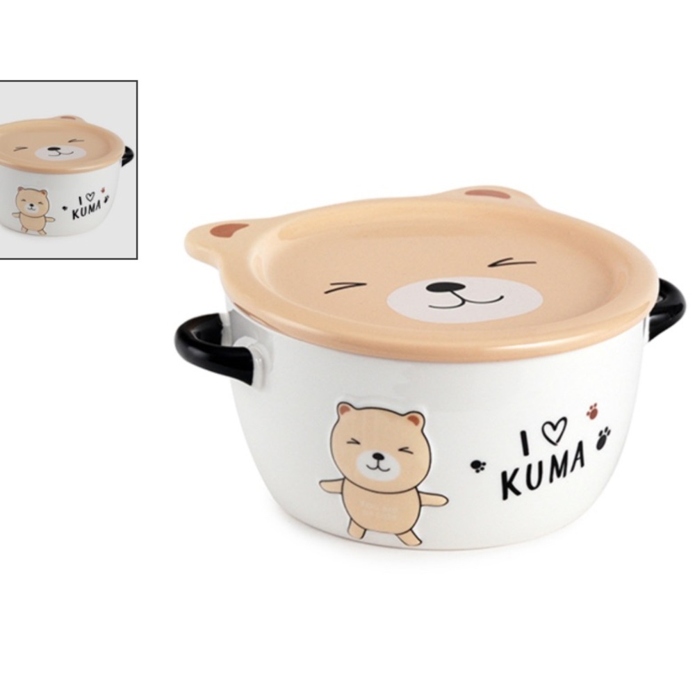 Kuma Bear Design Ceramic Bowl with Lid - Tan and Black